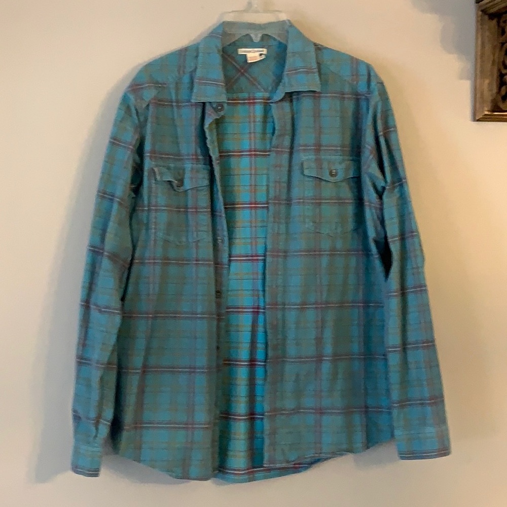 Blue and Tan Relaxed Notched Collar Button Down Shirt